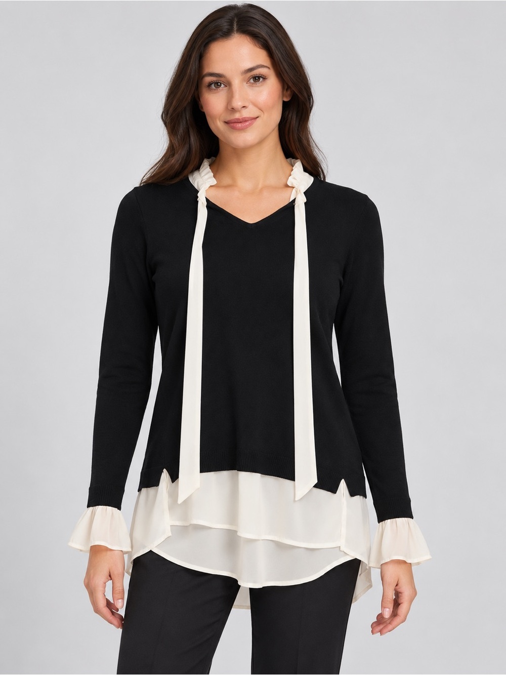 Adrianna Papell Black White Layered Ruffle Tie-Neck Top Size S
